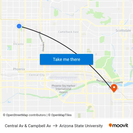 Central Av & Campbell Av to Arizona State University map