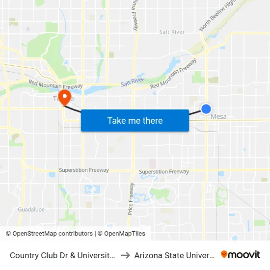 Country Club Dr & University Dr to Arizona State University map