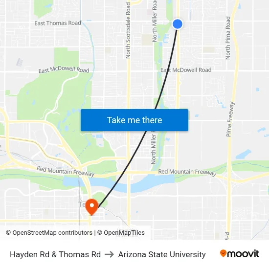 Hayden Rd & Thomas Rd to Arizona State University map