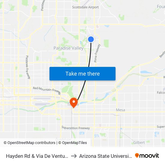 Hayden Rd & Via De Ventura to Arizona State University map