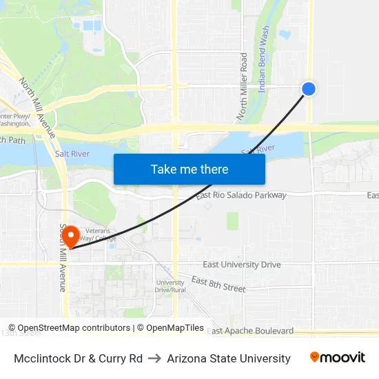 Mcclintock Dr & Curry Rd to Arizona State University map