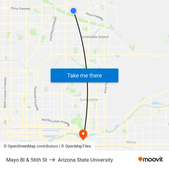 Mayo Bl & 56th St to Arizona State University map