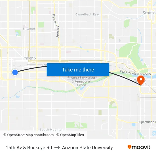 15th Av & Buckeye Rd to Arizona State University map
