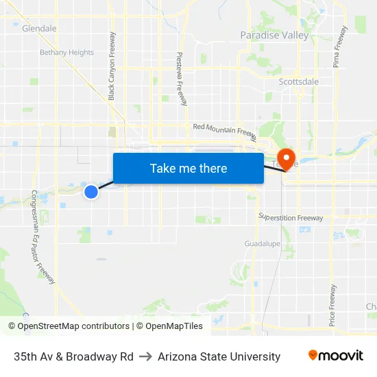 35th Av & Broadway Rd to Arizona State University map