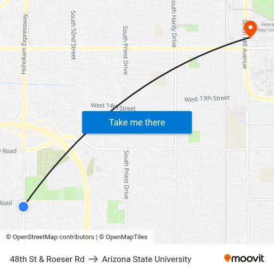 48th St & Roeser Rd to Arizona State University map