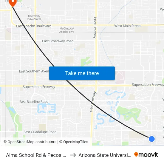 Alma School Rd & Pecos Av to Arizona State University map