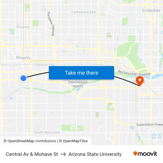 Central Av & Mohave St to Arizona State University map