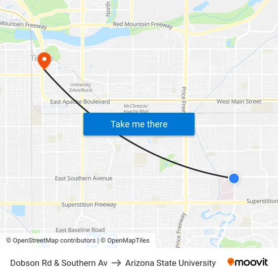 Dobson Rd & Southern Av to Arizona State University map