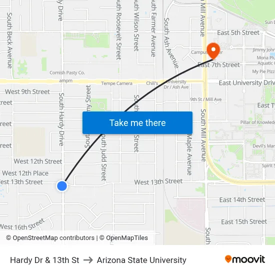 Hardy Dr & 13th St to Arizona State University map