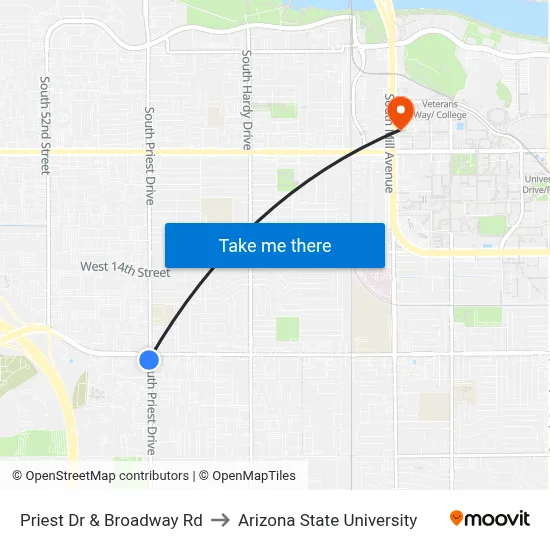 Priest Dr & Broadway Rd to Arizona State University map