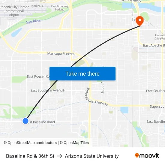 Baseline Rd & 36th St to Arizona State University map