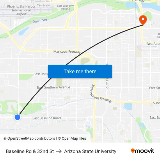 Baseline Rd & 32nd St to Arizona State University map