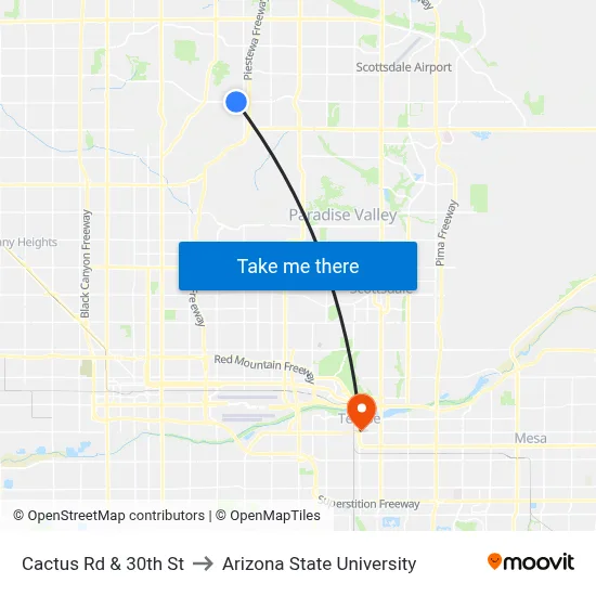 Cactus Rd & 30th St to Arizona State University map