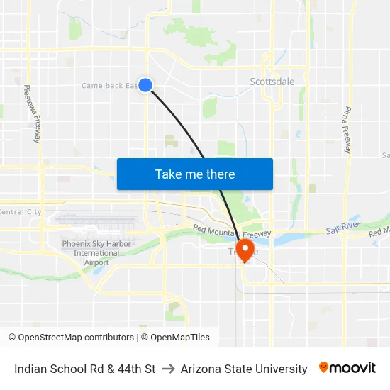 Indian School Rd & 44th St to Arizona State University map