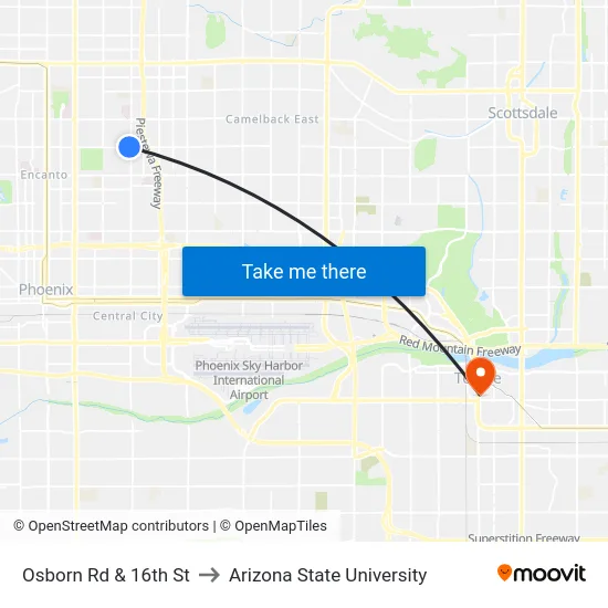 Osborn Rd & 16th St to Arizona State University map