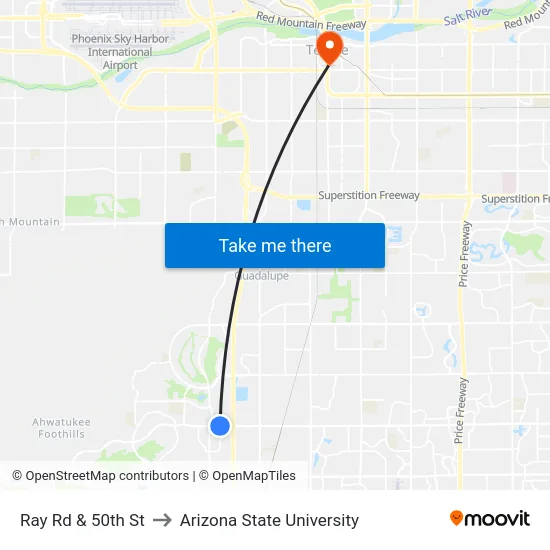 Ray Rd & 50th St to Arizona State University map
