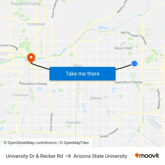 University Dr & Recker Rd to Arizona State University map
