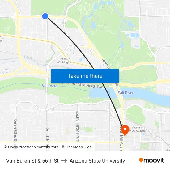Van Buren St & 56th St to Arizona State University map