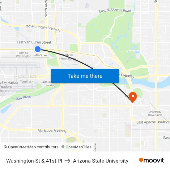 Washington St & 41st Pl to Arizona State University map