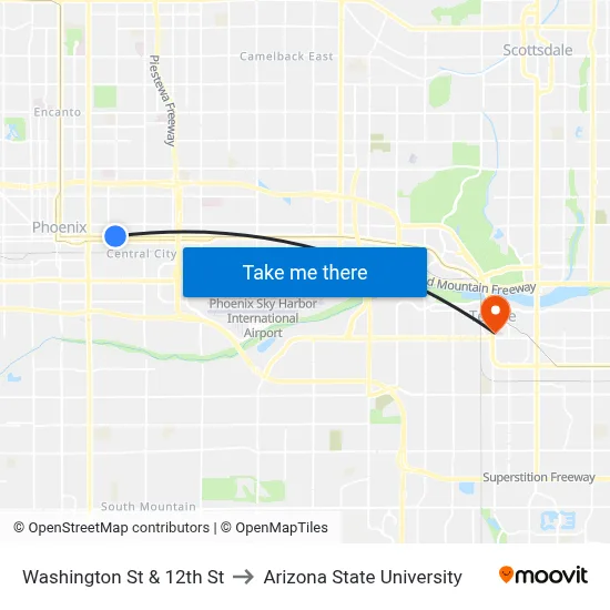Washington St & 12th St to Arizona State University map