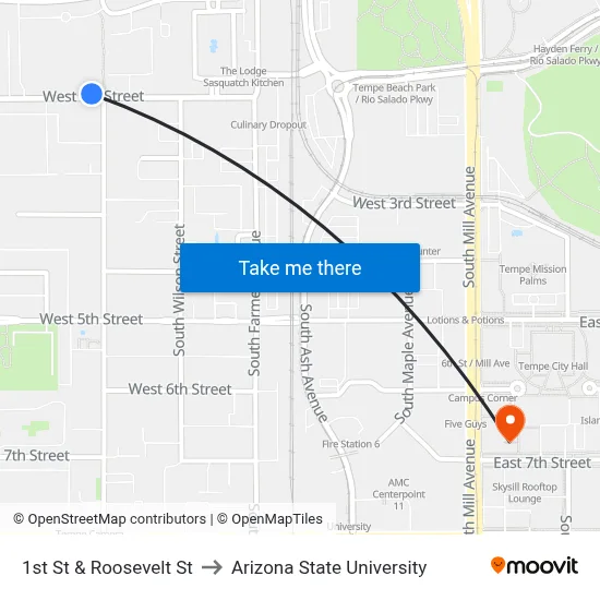 1st St & Roosevelt St to Arizona State University map