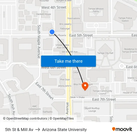 5th St & Mill Av to Arizona State University map