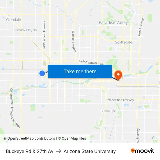 Buckeye Rd & 27th Av to Arizona State University map