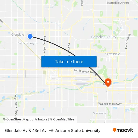 Glendale Av & 43rd Av to Arizona State University map