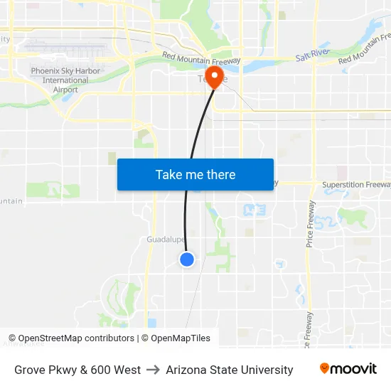 Grove Pkwy & 600 West to Arizona State University map