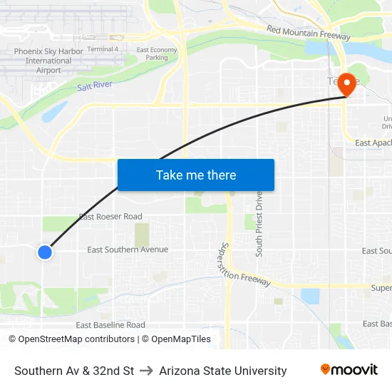 Southern Av & 32nd St to Arizona State University map