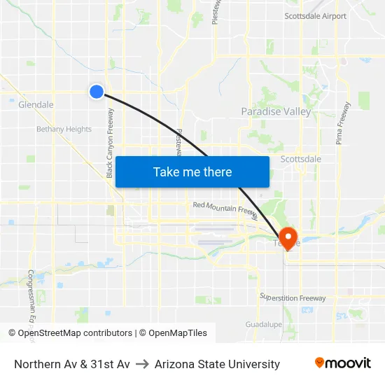 Northern Av & 31st Av to Arizona State University map