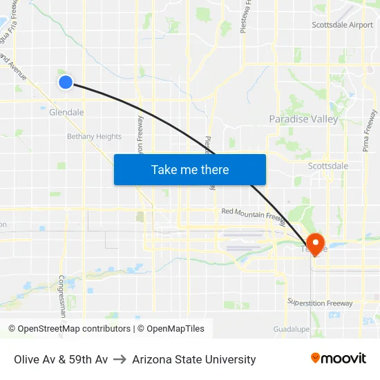 Olive Av & 59th Av to Arizona State University map