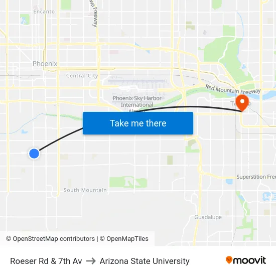 Roeser Rd & 7th Av to Arizona State University map