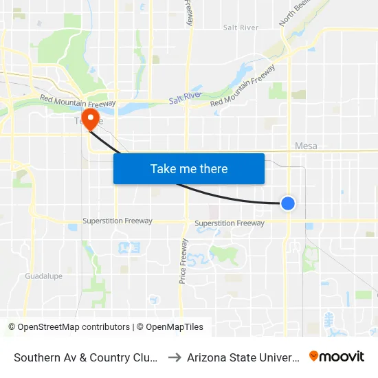 Southern Av & Country Club Dr to Arizona State University map