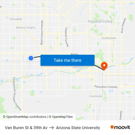 Van Buren St & 39th Av to Arizona State University map
