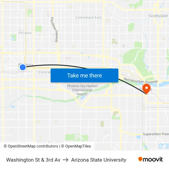 Washington St & 3rd Av to Arizona State University map