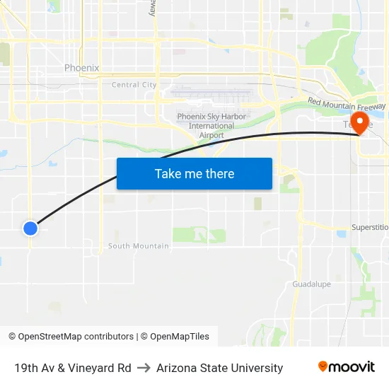 19th Av & Vineyard Rd to Arizona State University map