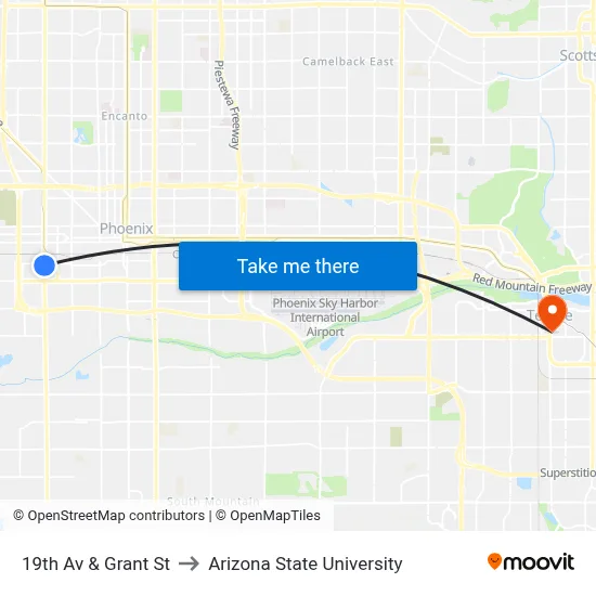 19th Av & Grant St to Arizona State University map