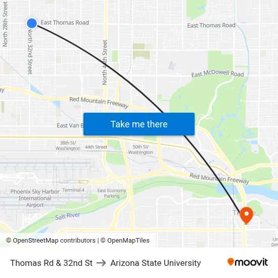 Thomas Rd & 32nd St to Arizona State University map