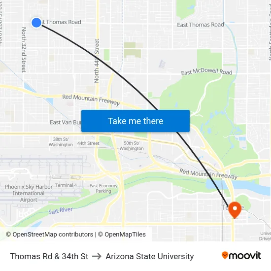Thomas Rd & 34th St to Arizona State University map
