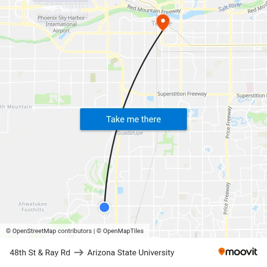 48th St & Ray Rd to Arizona State University map