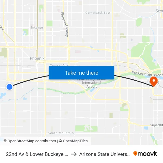 22nd Av & Lower Buckeye Rd to Arizona State University map