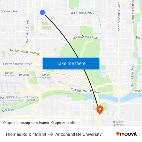 Thomas Rd & 48th St to Arizona State University map