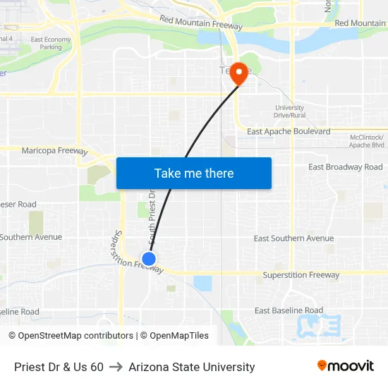 Priest Dr & Us 60 to Arizona State University map
