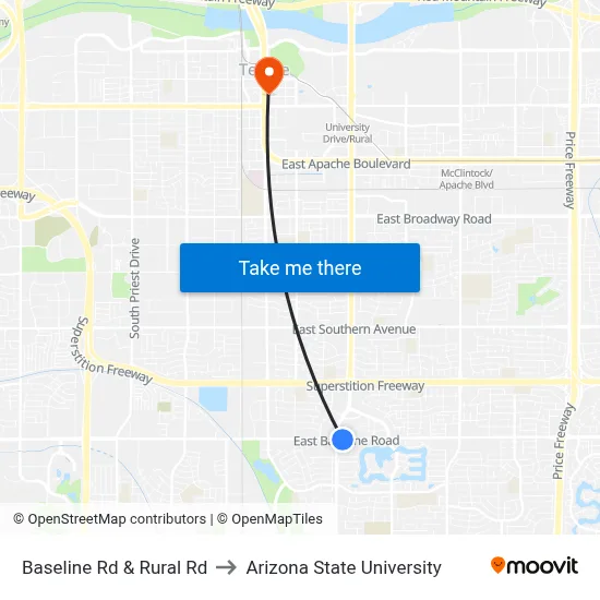 Baseline Rd & Rural Rd to Arizona State University map