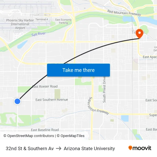 32nd St & Southern Av to Arizona State University map