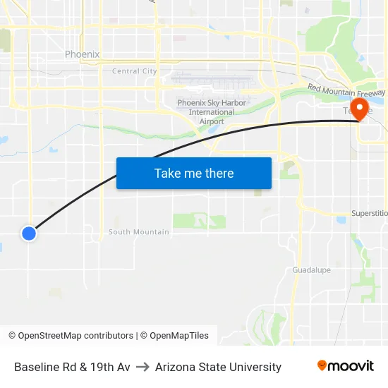 Baseline Rd & 19th Av to Arizona State University map