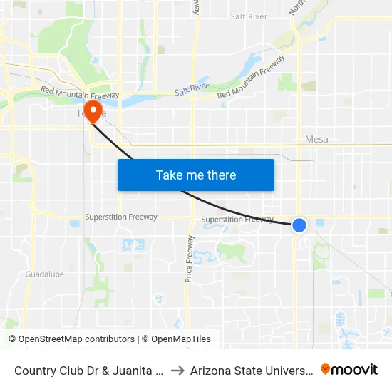 Country Club Dr & Juanita Av to Arizona State University map