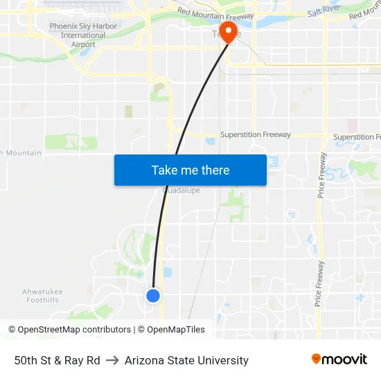 50th St & Ray Rd to Arizona State University map