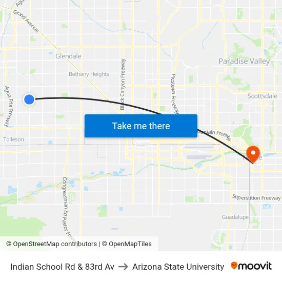 Indian School Rd & 83rd Av to Arizona State University map